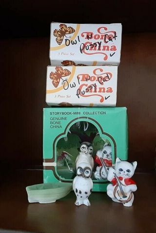 3pc Owl & Pussy Cat Mini Nursery Rhyme Figurines Vtg Bone China In Boxes
