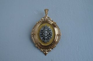 Antique French 18k Gold Old Cut Diamonds Enamel Pendant Brooch