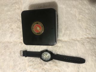 Us Marine Corps Black Strap Wrist Watch With Inscription On Back.