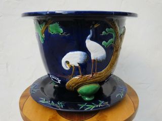 Antique Minton Majolica Crane Bamboo Large Footed Jardiniere Planter Stand C1874
