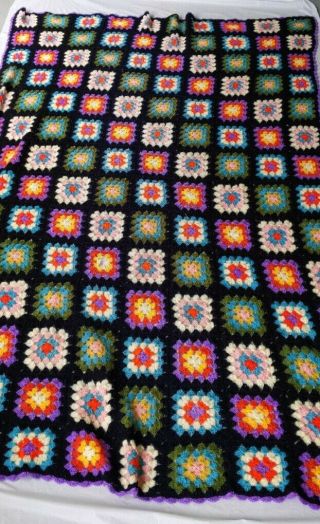 Vintage Granny Square Blanket Afghan Black Multi - Color Acrylic Afghan 60x80 Usa