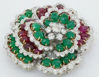 Vintage Heavy Platinum 28ctw Vs1/f Diamond/ruby/emerald Cluster Brooch/pendant