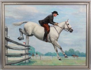 1930 Antique Howard Hastings Equestrian Steeplechase Horse & Rider Oil Painting