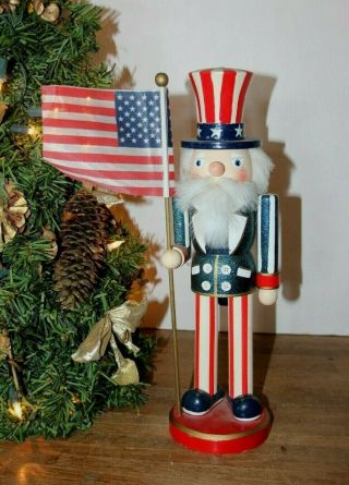 Vtg Hand Crafted & Painted " Uncle Sam " Wooden Nutcracker,  W/ American Flag