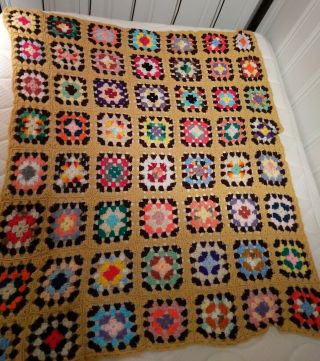 Vintage Handmade Granny Crochet Square Blanket Throw Colorful Afghan 47x56 Usa