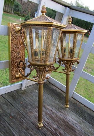 Large Pair Vintage Ornate Brass French Style Wall Sconce Light 34 "
