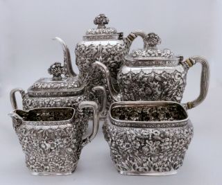 Tiffany & Co.  Full Chased Repousse Sterling Silver Coffee Tea Set Exceptional