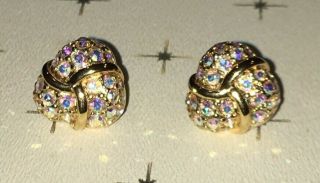 Swarovski Signed Vintage Post Earrings Paved Crystal Ab Rhinestones Gold