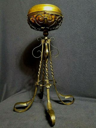 Vintage Antique Banquet Library Brass Oil Lamp Wrought Iron Stand 22 "