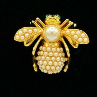 Joan Rivers Signed Vintage Pin Brooch Faux Pearl Green Rhinestone Bee Fly Binj