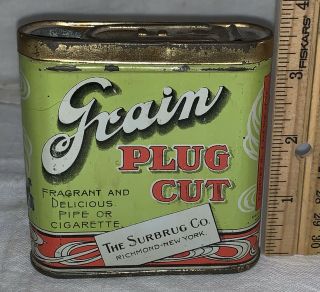 Antique Grain Plug Cut Tin Litho Vertical Pocket Tobacco Can Surbrug Co Vary 1