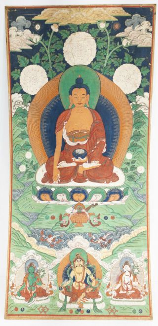 Antique Chinese Sino Tibetan Thangka Scroll Painting On Silk Buddha 17th/18th