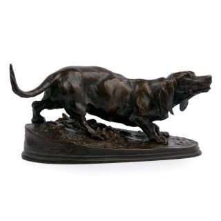 French Antique Bronze Sculpture Of Basset Hound Dog By Pierre Jules Mene,  19th C