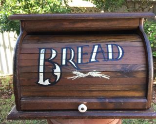 Vintage Roll Top Wood Bread Box/ Farmhouse Style
