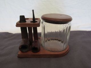 Old Vintage Walnut Wooden Pipe Stand W Ribbed Glass Tobacco Humidor Deco Decatur