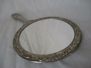 Vintage Antique Hand Held Boudoir Vanity Mirror Filigree Silver Plate Metal