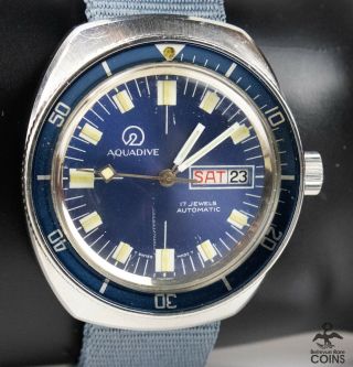 70 ' s Aquadive Automatic 17J 200 Meter Blue Dial Date Day Men ' s Diver Watch Rare 3