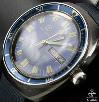 70 ' s Aquadive Automatic 17J 200 Meter Blue Dial Date Day Men ' s Diver Watch Rare 5