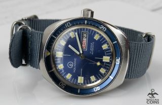 70 ' s Aquadive Automatic 17J 200 Meter Blue Dial Date Day Men ' s Diver Watch Rare 6