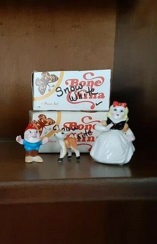 3pc Snow White & Dwarf Mini Nursery Rhyme Figurines Vtg Bone China In Boxes