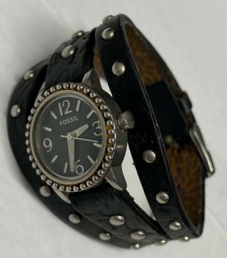 Women’s Fossil Watch Jr - 1176 Wide Leather Studded Black Bund Cuff Band Batt.