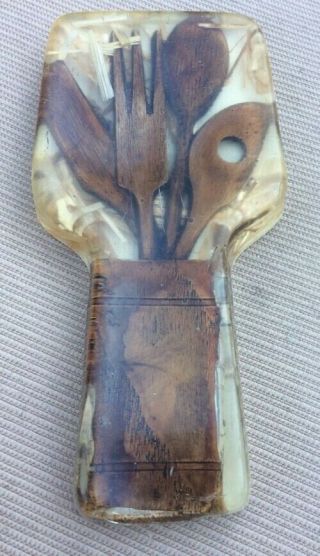Vtg Resin Acrylic Lucite Spoon Rest Wooden Spoon Fork Design