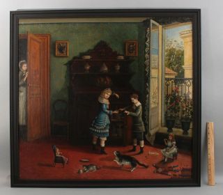 19thc Antique Victorian Folk Art Interior Oil Painting,  Children Dolls Toys Cat