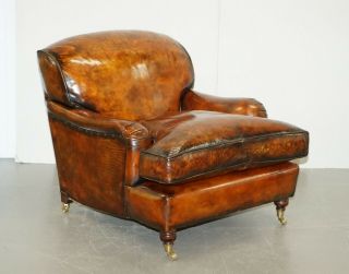 Stunning Fully Restored Vintage Aged Brown Leather Howard Scroll Club Armchair