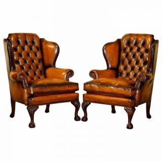 Chesterfield Claw & Ball Restored Wingback Armchairs Cigar Brown Leather