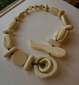 Vintage Contemporary Carved Bovine Bone Beaded Necklace Choker 18 " Long Nice❤