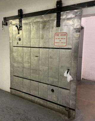 Vintage Metal Tin Clad Fire Door - Industrial Rolling Barn Door