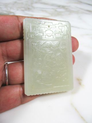 Antique Chinese Carved Mutton Fat Light Celadon Jade Pendant Figures Calligraphy