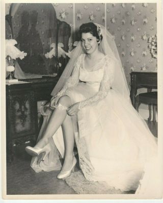 Vintage 8x10 Photo Pretty Bride Showing Off Garter Wedding Portrait 1950 