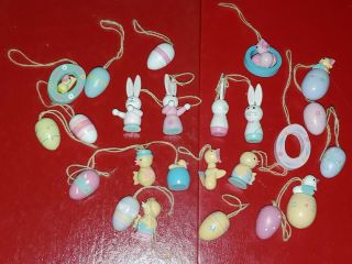 25 Vintage Wooden Easter Egg Tree Ornaments Miniature Bunny Egg Chicks