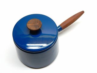 Vintage Mid century Modern Michael Lax Copco Blue Enamel Pot w/ Teak Wood Handle 2