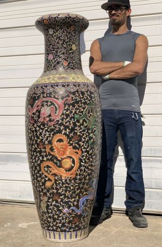 Huge 60 Inches Tall Chinese Hand Painted Porcelain Vase With Multiple Dragons