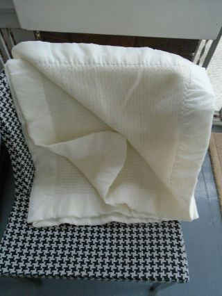 Vintage Acrylic White Waffle Weave Baby Crib Blanket Satin Trim