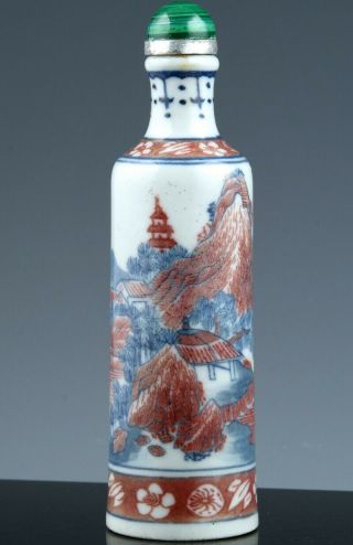 Fine 18/19thc Chinese Blue White & Copper Red Landscape Porcelain Snuff Bottle
