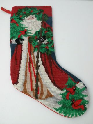 Vintage Needlepoint By Hand Embroidered Christmas Stocking Wool / Velvet / Santa