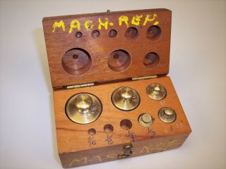 Set Of 5 Vintage Brass Balance Scale Weights 1/2 Oz To 8oz In Wood Box