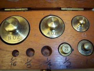 Set of 5 Vintage Brass Balance Scale WEIGHTS 1/2 oz to 8oz in wood box 3
