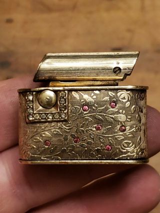 Vintage Regeliter Small Push Button Gold Jeweled Lighter Art Deco