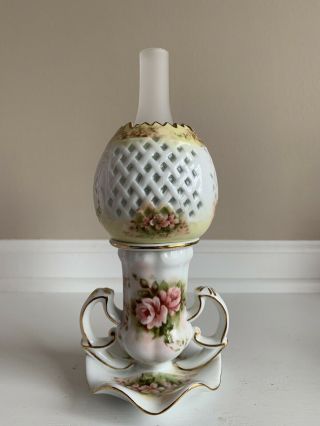 Vintage Miniature Ceramic Porcelain Parlor Oil Lamp 9.  5”w/ Gold Trim & Flowers
