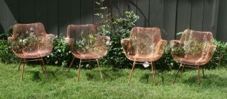 4 Russell Woodard Mid Century Modern Sculptura Wrought Iron Patio Chairs Set