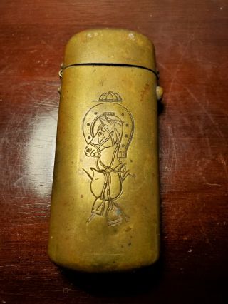 Antique / Vintage Brass Match Safe / Holder W/ Inscribed Horse & Horseshoe