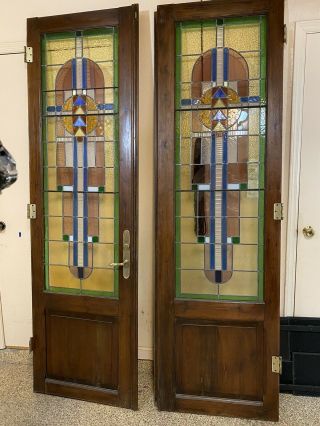 Vintage Frank Lloyd Wright Prairie Style Stained Glassfrench Doors