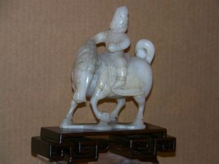 Chinese Qing Dy Hand Carved White Jade Sculpture Soldier/warmour On Horse