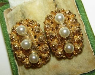 , Large,  Antique Victorian 18 Ct Gold Cannetille Earrings With Pearls