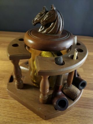 Vintage Wooden 10 Smoking Pipe Stand With 2 Horse Amber Glass Tobaqua,  3 Pipes