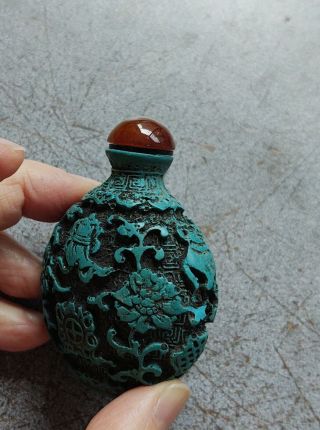 Vintage - Antique Carved Chinese Blue Cinnabar Snuff Bottle.